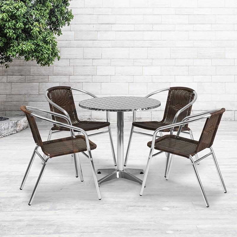 Flash Furniture 27.5” Round Aluminum Indoor-Outdoor Table Set with 4 Dark Brown Rattan Chairs – TLH-ALUM-28RD-020CHR4-GG Sale