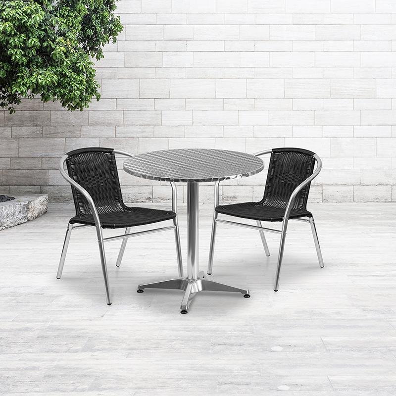 Flash Furniture 27.5” Round Aluminum Indoor-Outdoor Table Set with 2 Black Rattan Chairs – TLH-ALUM-28RD-020BKCHR2-GG Hot on Sale