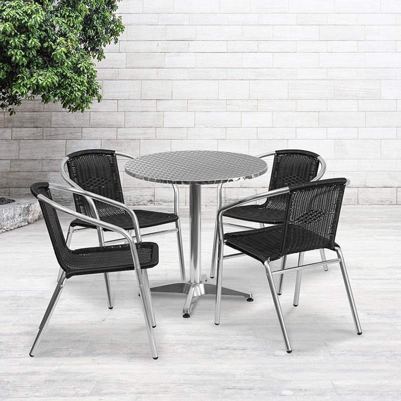 Flash Furniture 27.5” Round Aluminum Indoor-Outdoor Table Set with 4 Black Rattan Chairs – TLH-ALUM-28RD-020BKCHR4-GG Online Sale