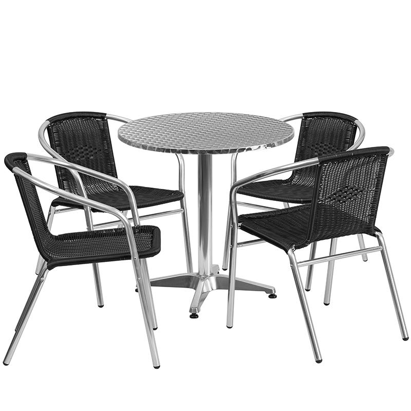 Flash Furniture 27.5” Round Aluminum Indoor-Outdoor Table Set with 4 Black Rattan Chairs – TLH-ALUM-28RD-020BKCHR4-GG Online Sale