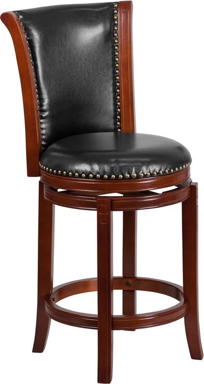Flash Furniture 26” High Dark Chestnut Wood Counter Height Stool with Panel Back and Black Leather Swivel Seat – TA-220126-DC-CTR-GG on Sale
