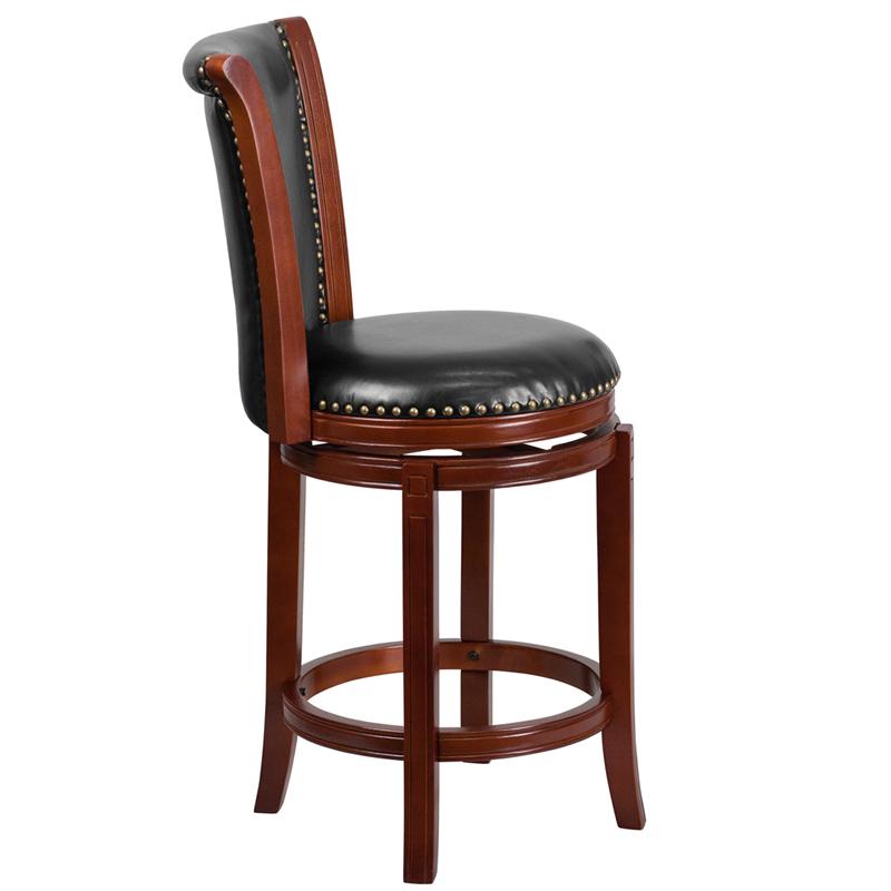 Flash Furniture 26” High Dark Chestnut Wood Counter Height Stool with Panel Back and Black Leather Swivel Seat – TA-220126-DC-CTR-GG on Sale