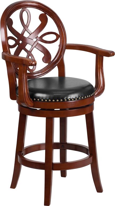 Flash Furniture 26” High Cherry Wood Counter Height Stool with Arms, Carved Back and Black Leather Swivel Seat – TA-550226-CHY-GG Online