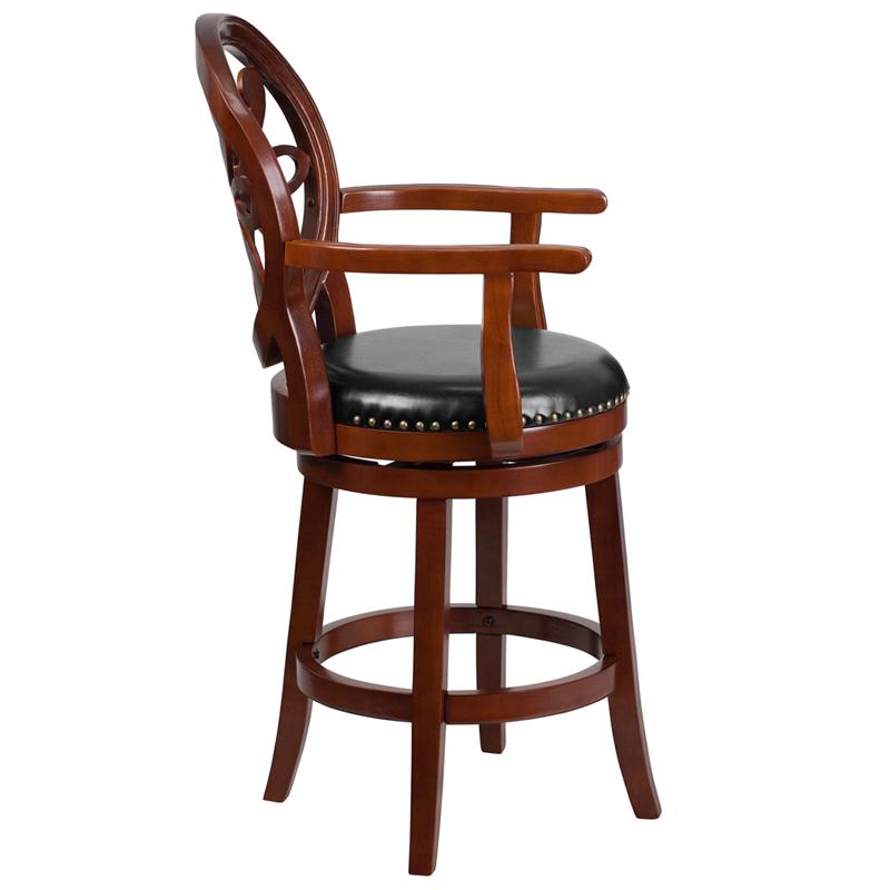 Flash Furniture 26” High Cherry Wood Counter Height Stool with Arms, Carved Back and Black Leather Swivel Seat – TA-550226-CHY-GG Online