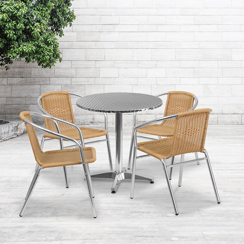 Flash Furniture 27.5” Round Aluminum Indoor-Outdoor Table Set with 4 Beige Rattan Chairs – TLH-ALUM-28RD-020BGECHR4-GG Online now