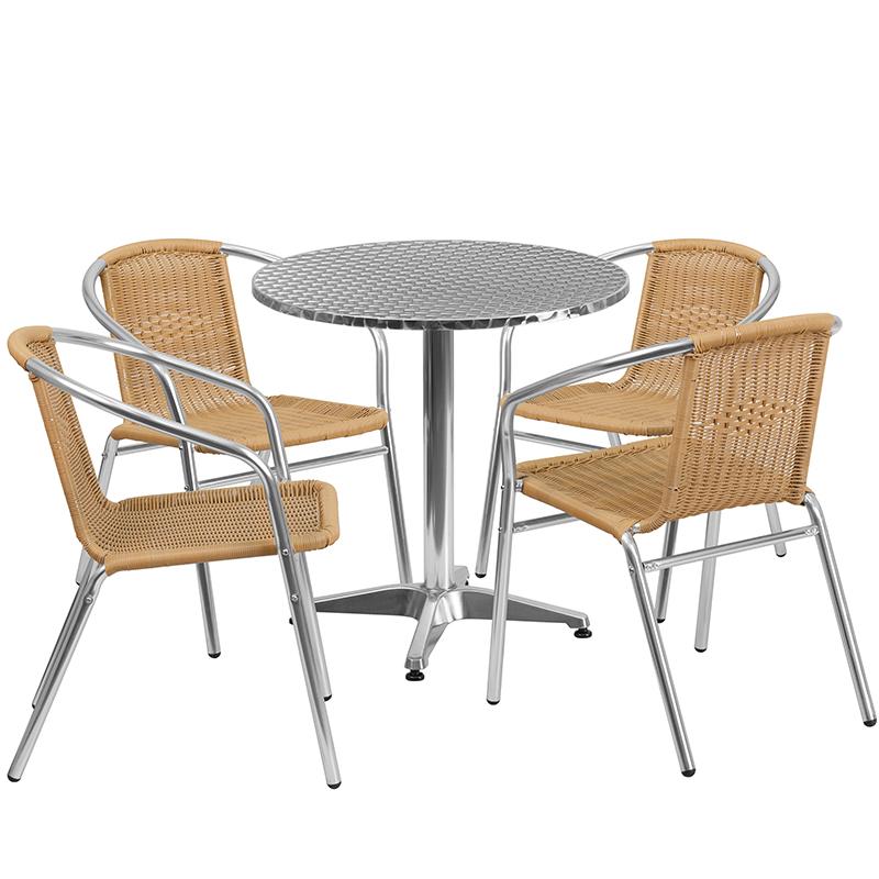Flash Furniture 27.5” Round Aluminum Indoor-Outdoor Table Set with 4 Beige Rattan Chairs – TLH-ALUM-28RD-020BGECHR4-GG Online now