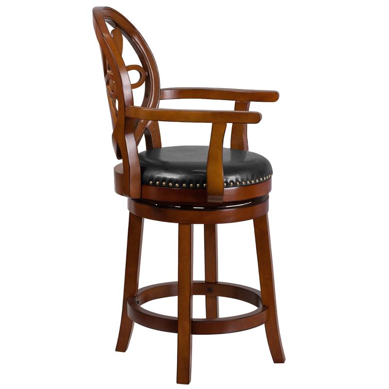 Flash Furniture 26” High Brandy Wood Counter Height Stool with Arms, Carved Back and Black Leather Swivel Seat – TA-550226-BDY-GG Online Sale