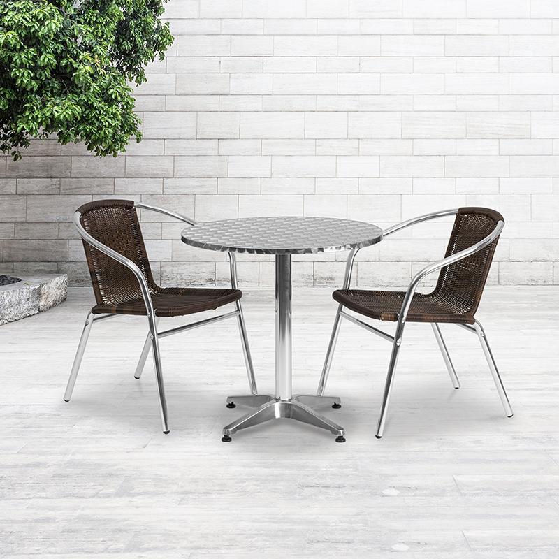 Flash Furniture 27.5” Round Aluminum Indoor-Outdoor Table Set with 2 Dark Brown Rattan Chairs – TLH-ALUM-28RD-020CHR2-GG Discount