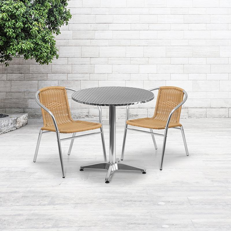 Flash Furniture 27.5” Round Aluminum Indoor-Outdoor Table Set with 2 Beige Rattan Chairs – TLH-ALUM-28RD-020BGECHR2-GG Sale
