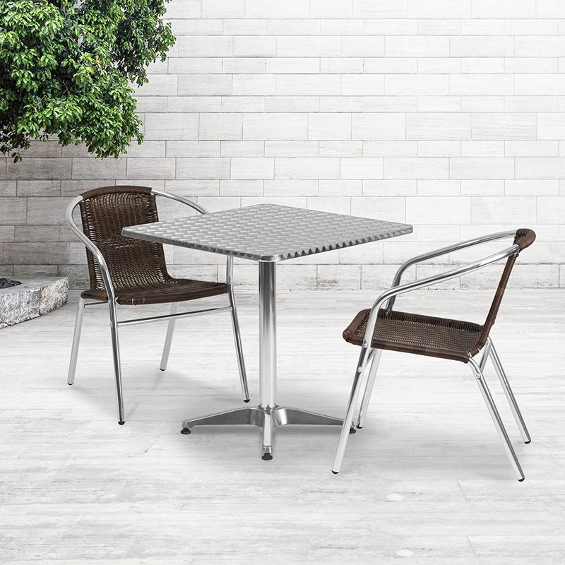 Flash Furniture 27.5” Square Aluminum Indoor-Outdoor Table Set with 2 Dark Brown Rattan Chairs – TLH-ALUM-28SQ-020CHR2-GG Online Hot Sale