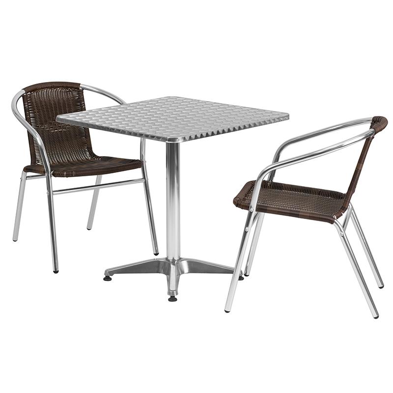Flash Furniture 27.5” Square Aluminum Indoor-Outdoor Table Set with 2 Dark Brown Rattan Chairs – TLH-ALUM-28SQ-020CHR2-GG Online Hot Sale