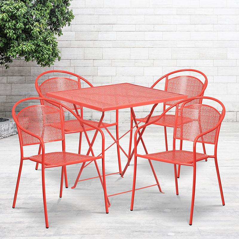 Flash Furniture 28” Square Coral Indoor-Outdoor Steel Folding Patio Table Set with 4 Round Back Chairs – CO-28SQF-03CHR4-RED-GG Sale