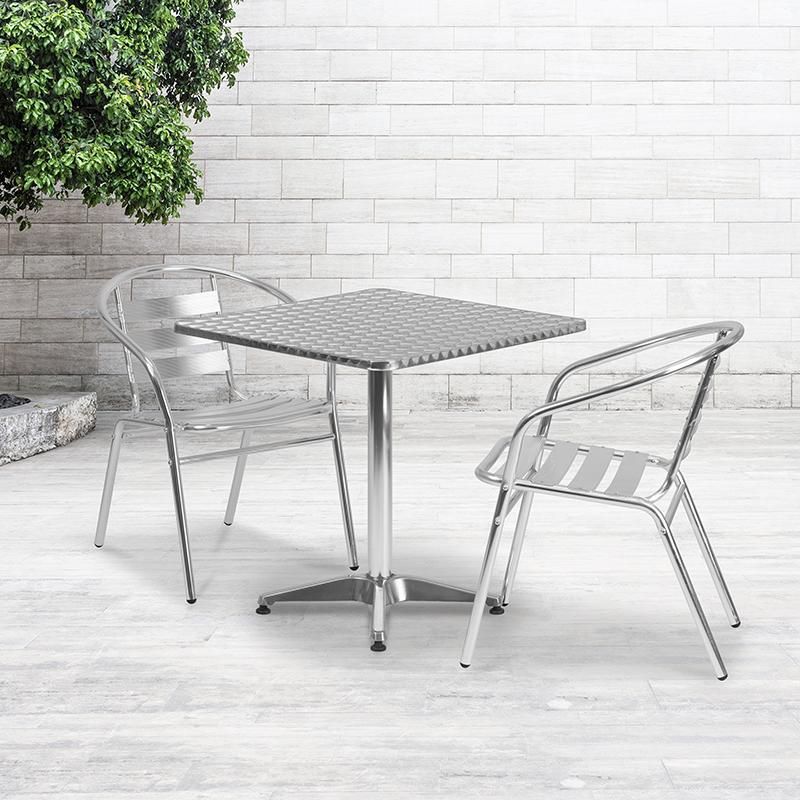 Flash Furniture 27.5” Square Aluminum Indoor-Outdoor Table Set with 2 Slat Back Chairs – TLH-ALUM-28SQ-017BCHR2-GG Discount