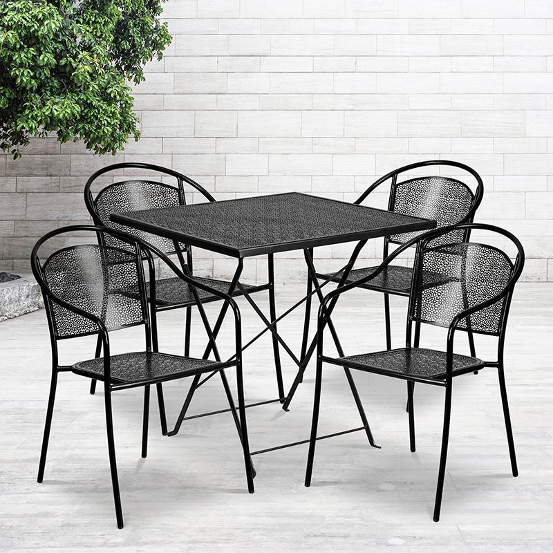 Flash Furniture 28” Square Black Indoor-Outdoor Steel Folding Patio Table Set with 4 Round Back Chairs – CO-28SQF-03CHR4-BK-GG Online Sale