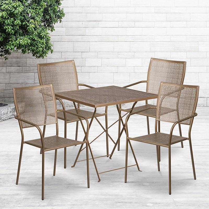 Flash Furniture 28” Square Gold Indoor-Outdoor Steel Folding Patio Table Set with 4 Square Back Chairs – CO-28SQF-02CHR4-GD-GG Online Sale