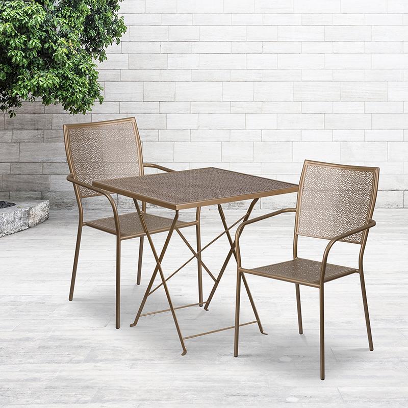 Flash Furniture 28” Square Gold Indoor-Outdoor Steel Folding Patio Table Set with 2 Square Back Chairs – CO-28SQF-02CHR2-GD-GG Hot on Sale