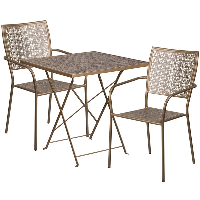 Flash Furniture 28” Square Gold Indoor-Outdoor Steel Folding Patio Table Set with 2 Square Back Chairs – CO-28SQF-02CHR2-GD-GG Hot on Sale