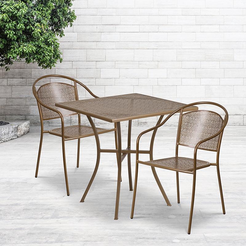 Flash Furniture 28” Square Gold Indoor-Outdoor Steel Patio Table Set with 2 Round Back Chairs – CO-28SQ-03CHR2-GD-GG Hot on Sale