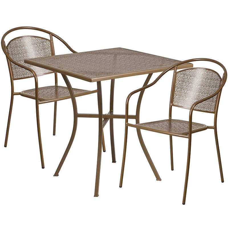 Flash Furniture 28” Square Gold Indoor-Outdoor Steel Patio Table Set with 2 Round Back Chairs – CO-28SQ-03CHR2-GD-GG Hot on Sale