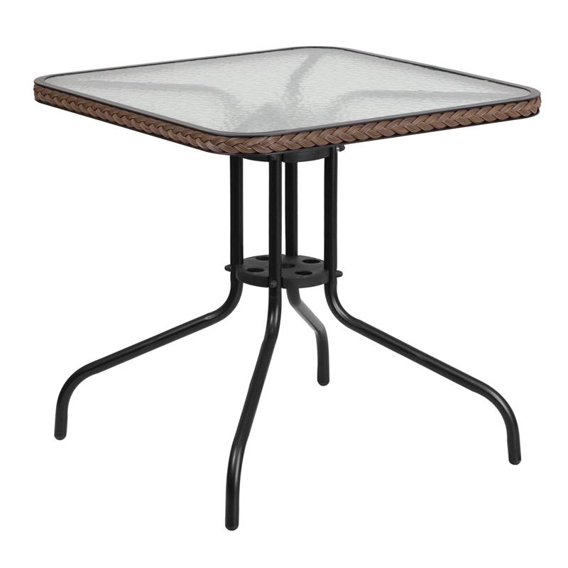 Flash Furniture 28” Square Tempered Glass Metal Table with Dark Brown Rattan Edging – TLH-073R-DK-BN-GG on Sale