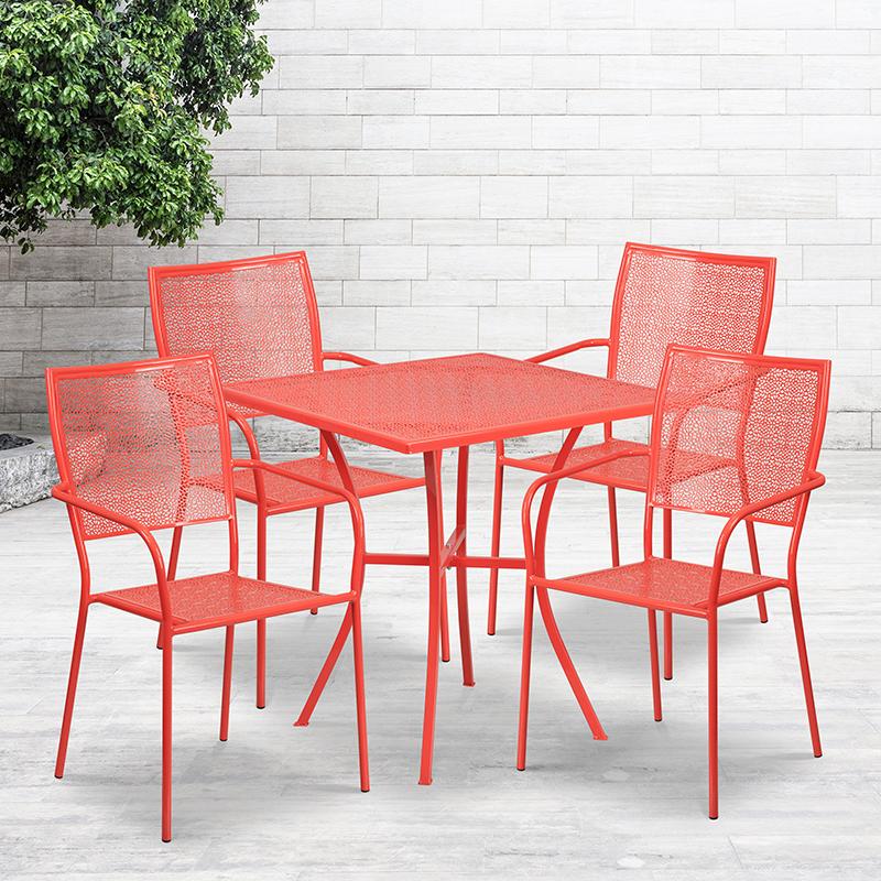 Flash Furniture 28” Square Coral Indoor-Outdoor Steel Patio Table Set with 4 Square Back Chairs – CO-28SQ-02CHR4-RED-GG Online Sale