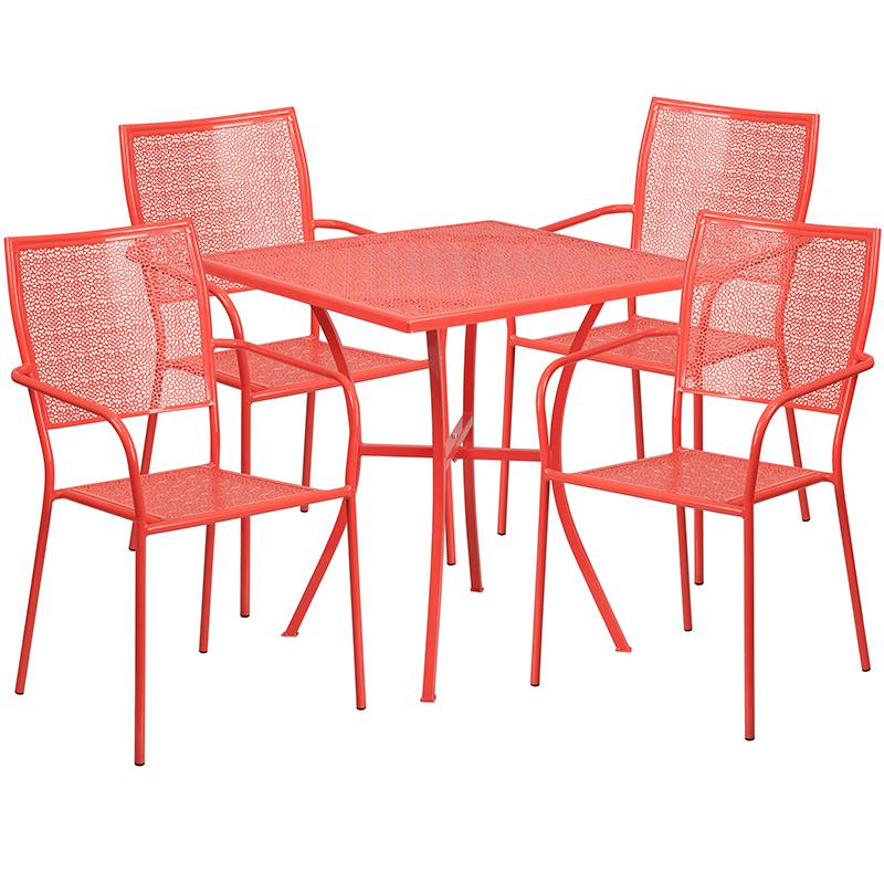 Flash Furniture 28” Square Coral Indoor-Outdoor Steel Patio Table Set with 4 Square Back Chairs – CO-28SQ-02CHR4-RED-GG Online Sale