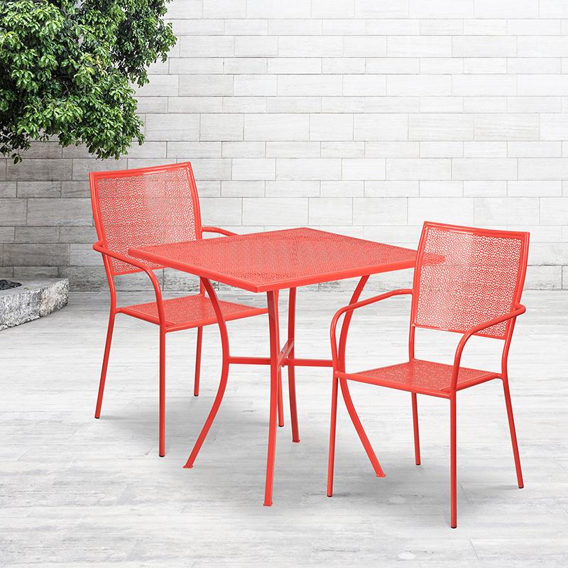Flash Furniture 28” Square Coral Indoor-Outdoor Steel Patio Table Set with 2 Square Back Chairs – CO-28SQ-02CHR2-RED-GG Supply