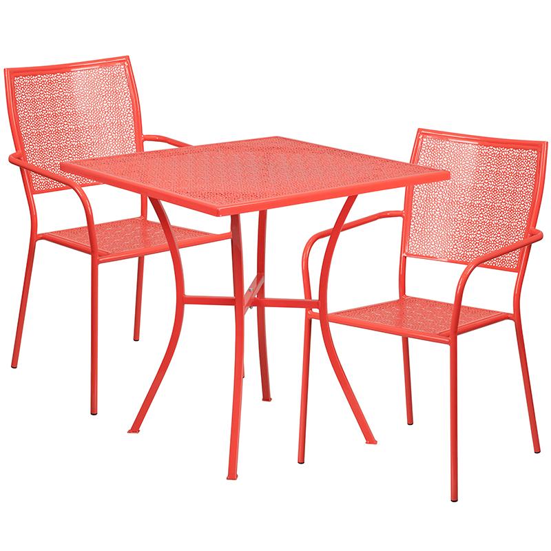 Flash Furniture 28” Square Coral Indoor-Outdoor Steel Patio Table Set with 2 Square Back Chairs – CO-28SQ-02CHR2-RED-GG Supply