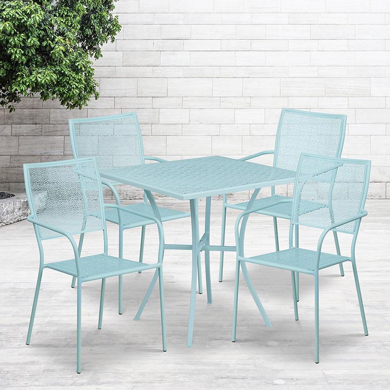 Flash Furniture 28” Square Sky Blue Indoor-Outdoor Steel Patio Table Set with 4 Square Back Chairs – CO-28SQ-02CHR4-SKY-GG Online Sale