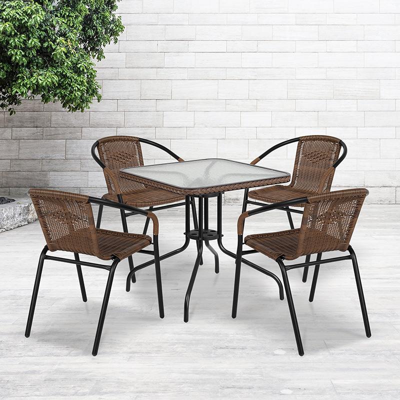 Flash Furniture 28” Square Glass Metal Table with Dark Brown Rattan Edging and 4 Dark Brown Rattan Stack Chairs – TLH-073SQ-037BN4-GG Supply