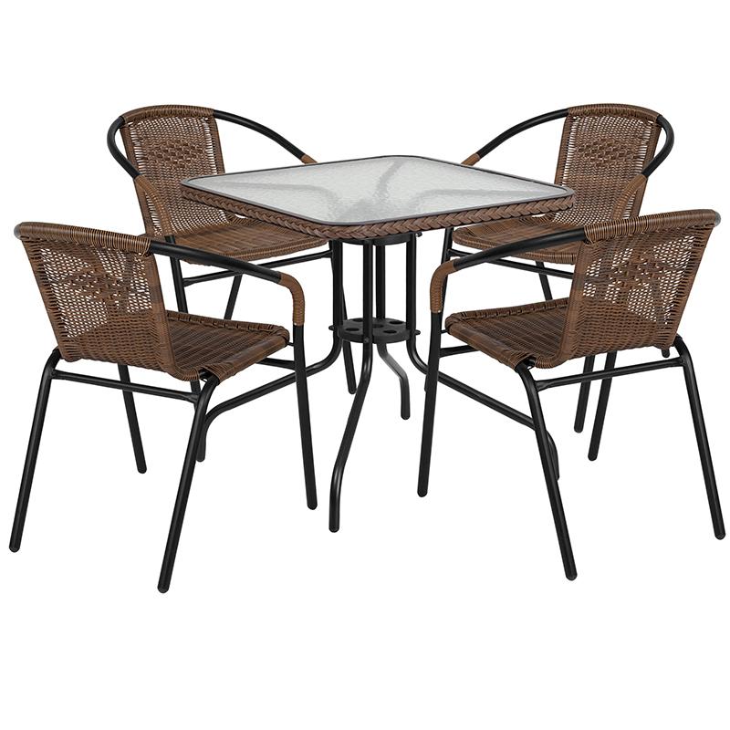 Flash Furniture 28” Square Glass Metal Table with Dark Brown Rattan Edging and 4 Dark Brown Rattan Stack Chairs – TLH-073SQ-037BN4-GG Supply