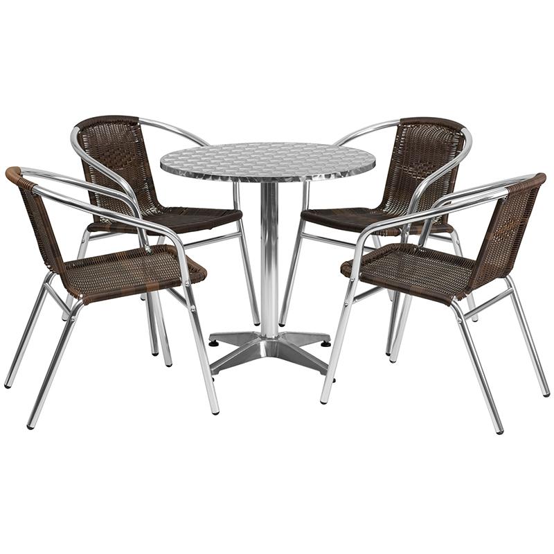 Flash Furniture 27.5” Round Aluminum Indoor-Outdoor Table Set with 4 Dark Brown Rattan Chairs – TLH-ALUM-28RD-020CHR4-GG Sale