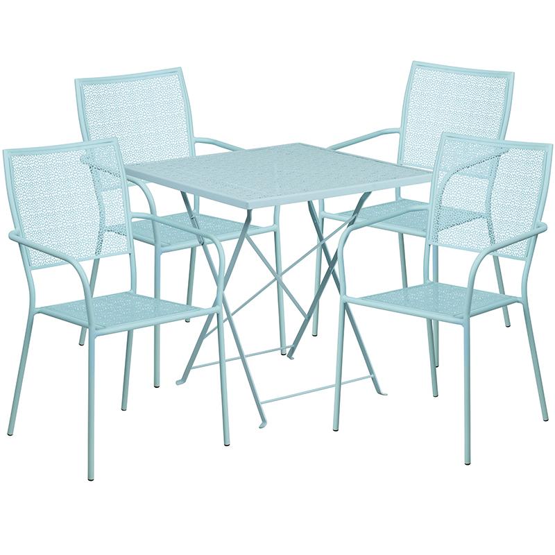 Flash Furniture 28” Square Sky Blue Indoor-Outdoor Steel Folding Patio Table Set with 4 Square Back Chairs – CO-28SQF-02CHR4-SKY-GG Supply