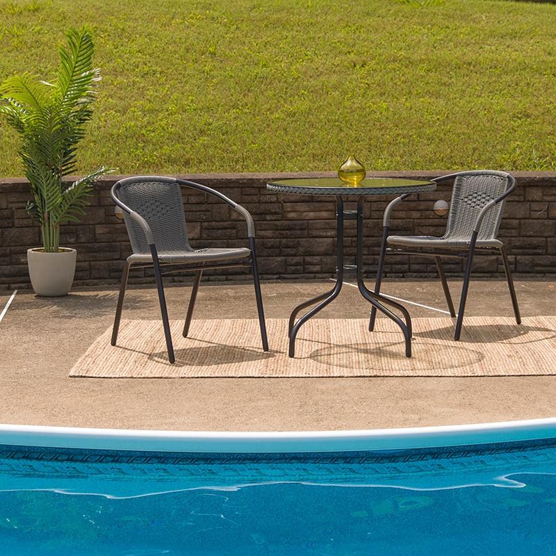 Flash Furniture 28” Round Tempered Glass Metal Table with Gray Rattan Edging – TLH-087-GY-GG Discount