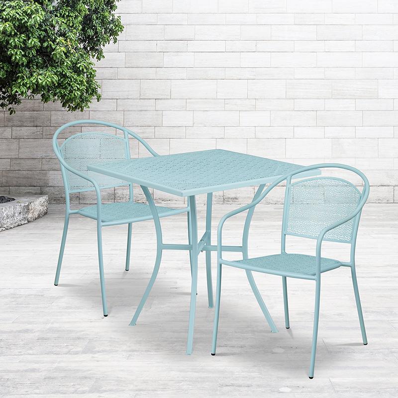 Flash Furniture 28” Square Sky Blue Indoor-Outdoor Steel Patio Table Set with 2 Round Back Chairs – CO-28SQ-03CHR2-SKY-GG Online Sale