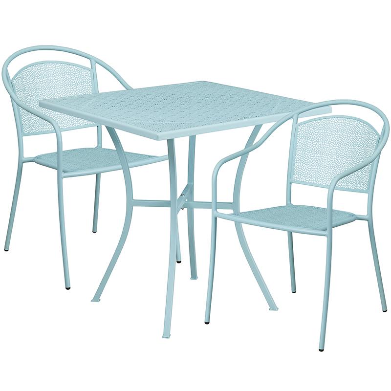 Flash Furniture 28” Square Sky Blue Indoor-Outdoor Steel Patio Table Set with 2 Round Back Chairs – CO-28SQ-03CHR2-SKY-GG Online Sale