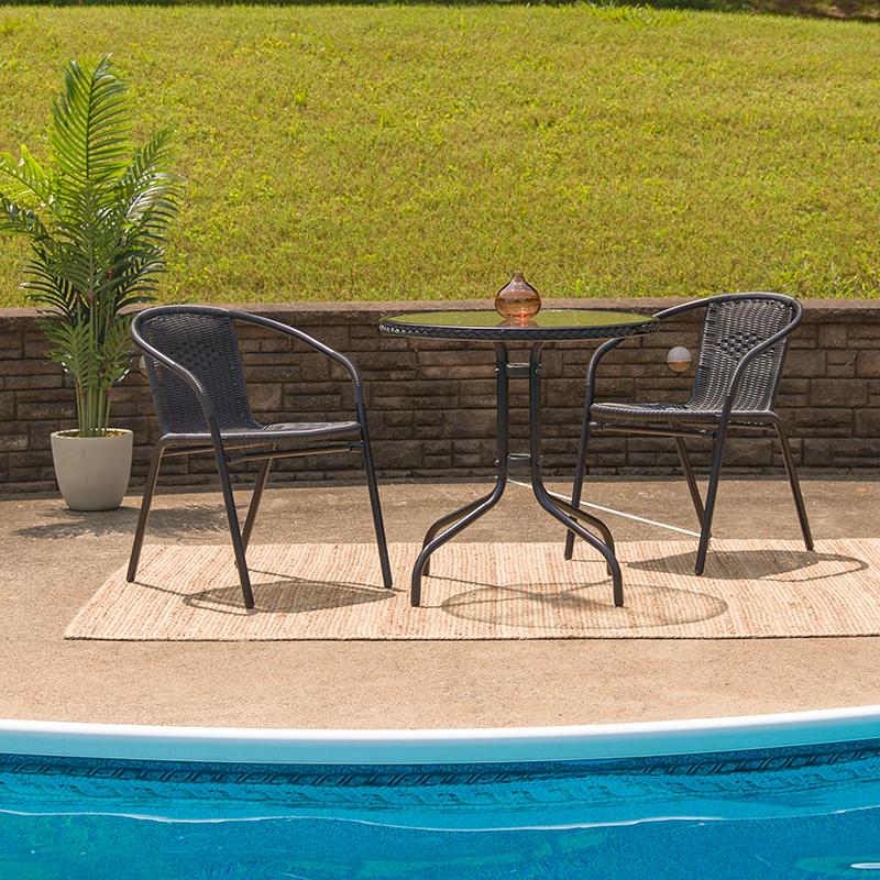 Flash Furniture 28” Round Glass Metal Table with Black Rattan Edging and 2 Black Rattan Stack Chairs – TLH-087RD-037BK2-GG Fashion