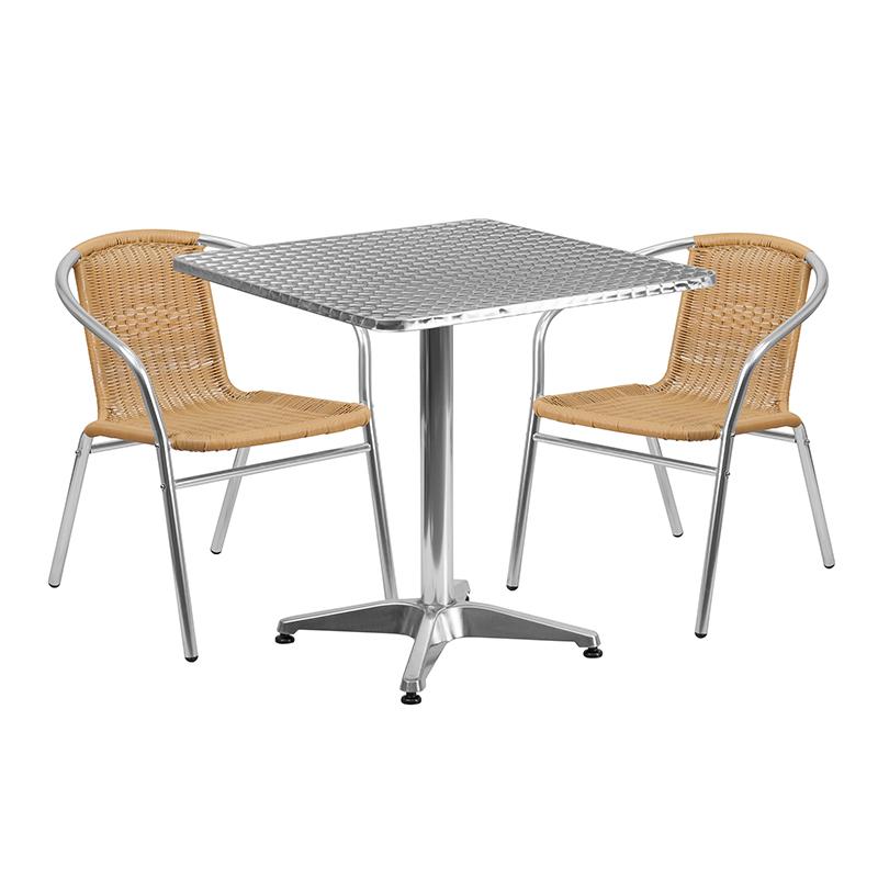 Flash Furniture 27.5” Square Aluminum Indoor-Outdoor Table Set with 2 Beige Rattan Chairs – TLH-ALUM-28SQ-020BGECHR2-GG Online Hot Sale