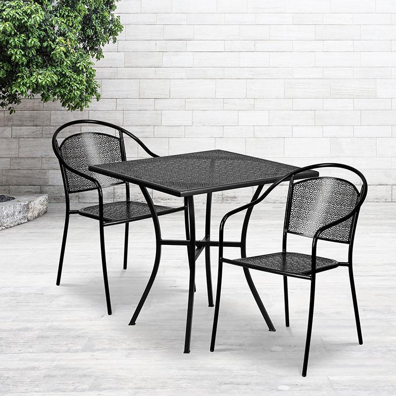 Flash Furniture 28” Square Black Indoor-Outdoor Steel Patio Table Set with 2 Round Back Chairs – CO-28SQ-03CHR2-BK-GG on Sale