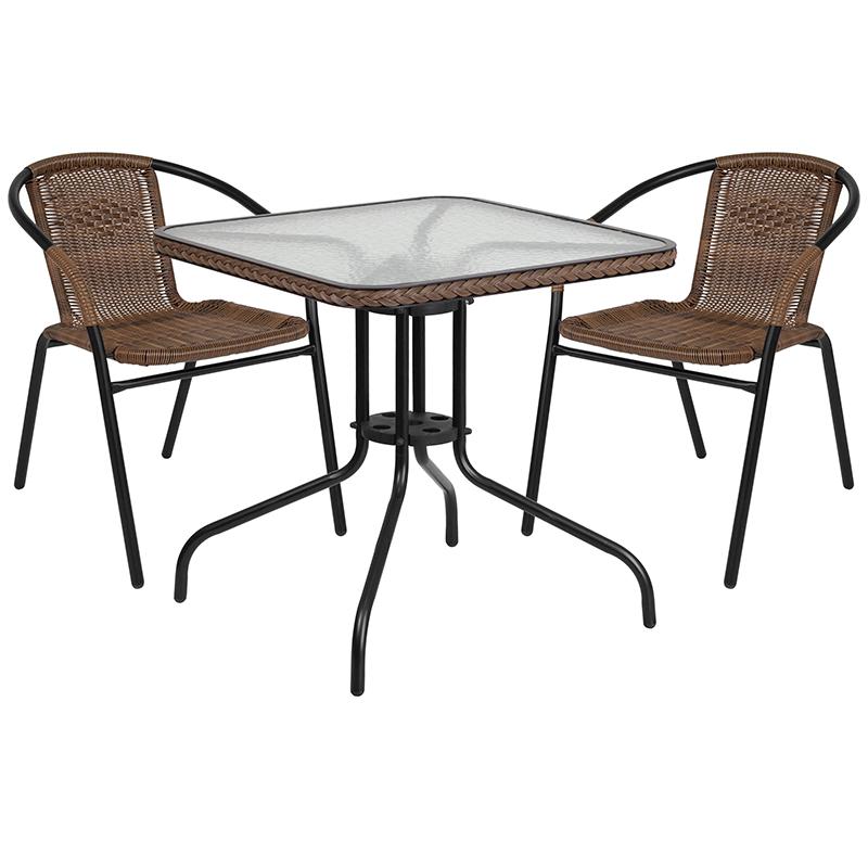 Flash Furniture 28” Square Glass Metal Table with Dark Brown Rattan Edging and 2 Dark Brown Rattan Stack Chairs – TLH-073SQ-037BN2-GG Online Hot Sale