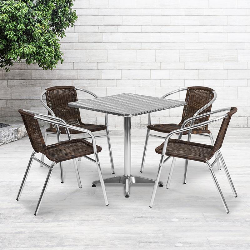 Flash Furniture 27.5” Square Aluminum Indoor-Outdoor Table Set with 4 Dark Brown Rattan Chairs – TLH-ALUM-28SQ-020CHR4-GG Online