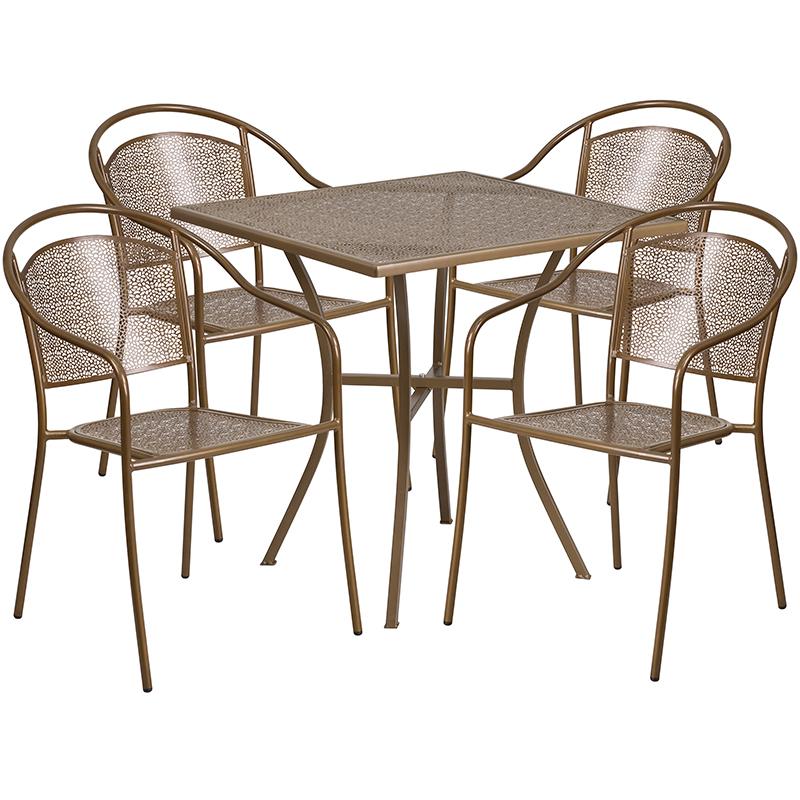 Flash Furniture 28” Square Gold Indoor-Outdoor Steel Patio Table Set with 4 Round Back Chairs – CO-28SQ-03CHR4-GD-GG Fashion