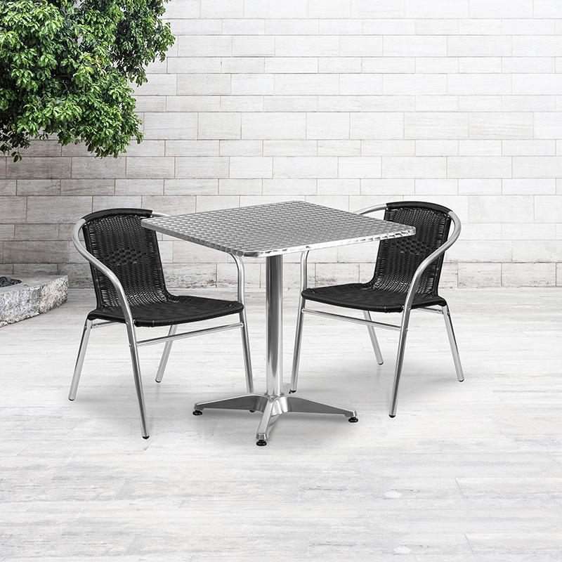 Flash Furniture 27.5” Square Aluminum Indoor-Outdoor Table Set with 2 Black Rattan Chairs – TLH-ALUM-28SQ-020BKCHR2-GG Discount