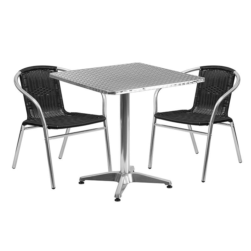 Flash Furniture 27.5” Square Aluminum Indoor-Outdoor Table Set with 2 Black Rattan Chairs – TLH-ALUM-28SQ-020BKCHR2-GG Discount