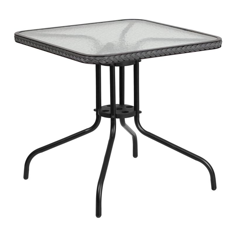 Flash Furniture 28” Square Tempered Glass Metal Table with Gray Rattan Edging – TLH-073R-GY-GG on Sale