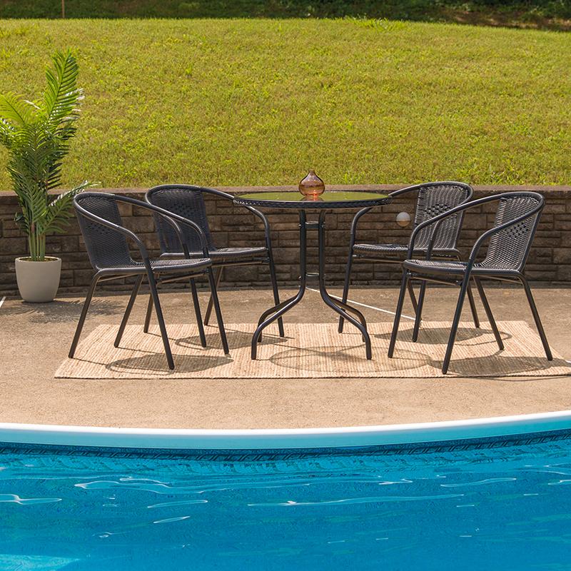 Flash Furniture 28” Round Glass Metal Table with Black Rattan Edging and 4 Black Rattan Stack Chairs – TLH-087RD-037BK4-GG Fashion