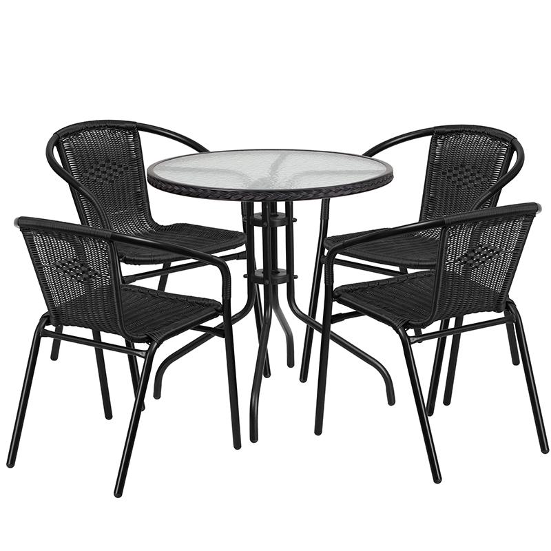 Flash Furniture 28” Round Glass Metal Table with Black Rattan Edging and 4 Black Rattan Stack Chairs – TLH-087RD-037BK4-GG Fashion