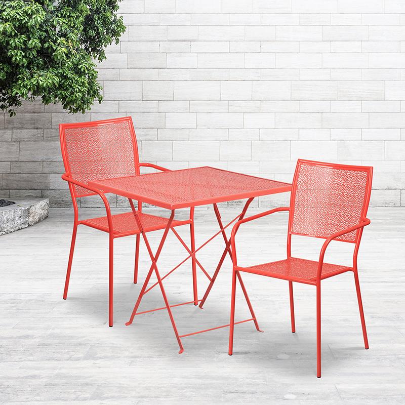 Flash Furniture 28” Square Coral Indoor-Outdoor Steel Folding Patio Table Set with 2 Square Back Chairs – CO-28SQF-02CHR2-RED-GG Sale