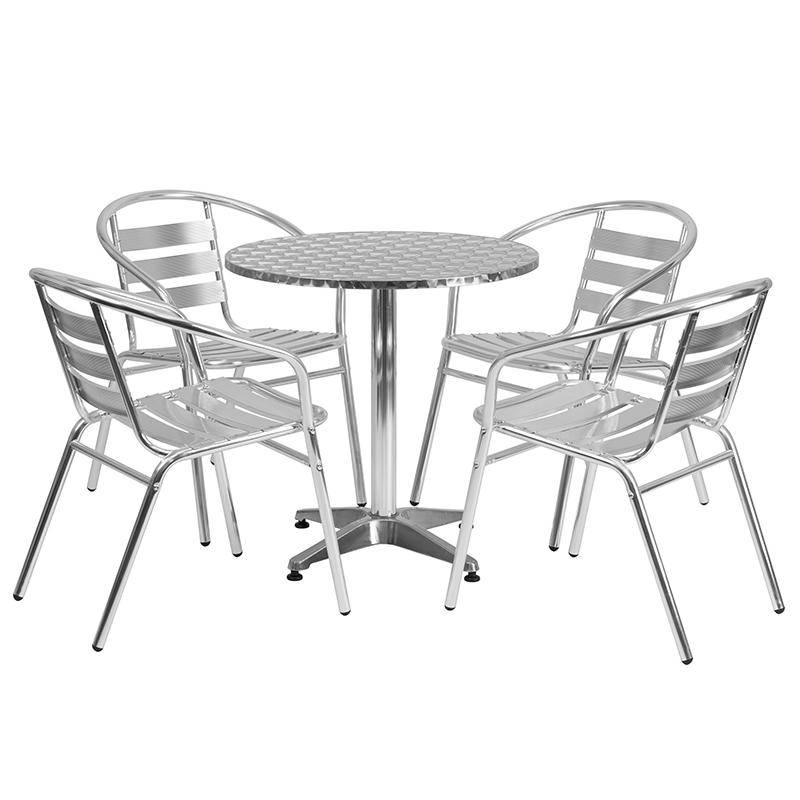 Flash Furniture 27.5” Round Aluminum Indoor-Outdoor Table Set with 4 Slat Back Chairs – TLH-ALUM-28RD-017BCHR4-GG Fashion