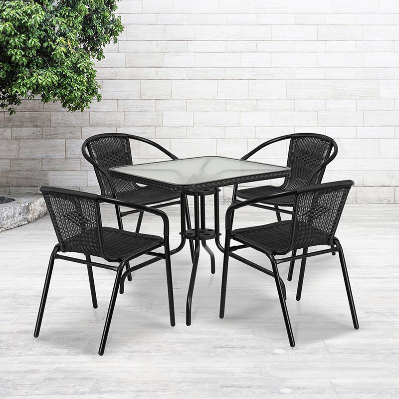 Flash Furniture 28” Square Glass Metal Table with Black Rattan Edging and 4 Black Rattan Stack Chairs – TLH-073SQ-037BK4-GG Online Hot Sale